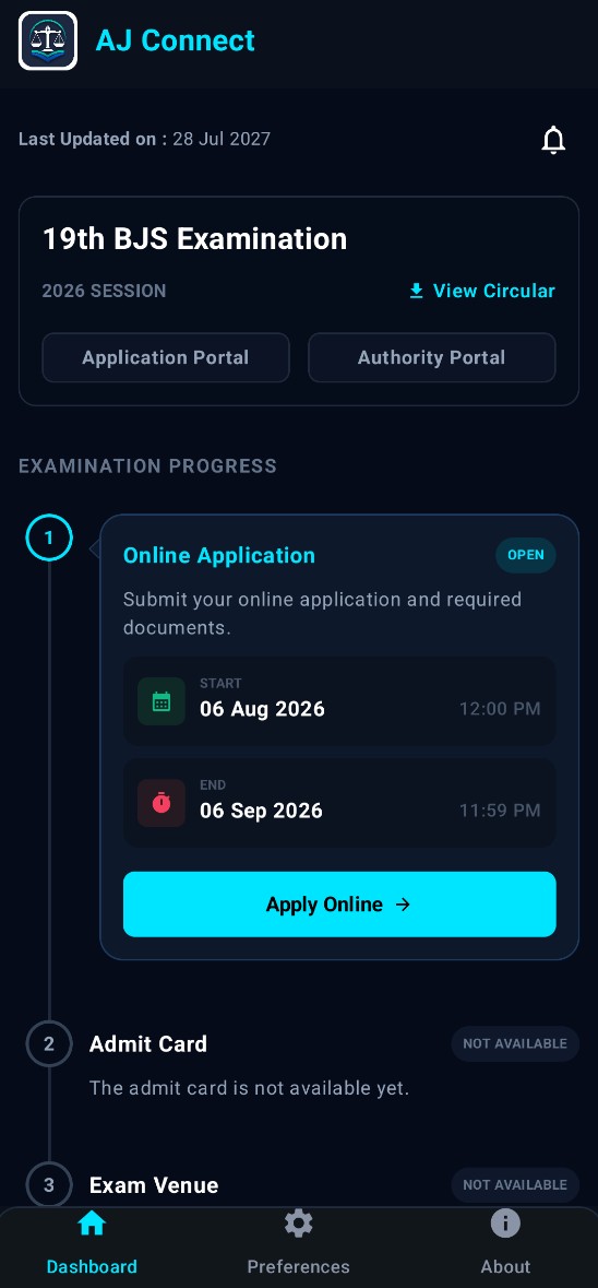 AJ Connect Android app dashboard showing BJS exam stages and notifications