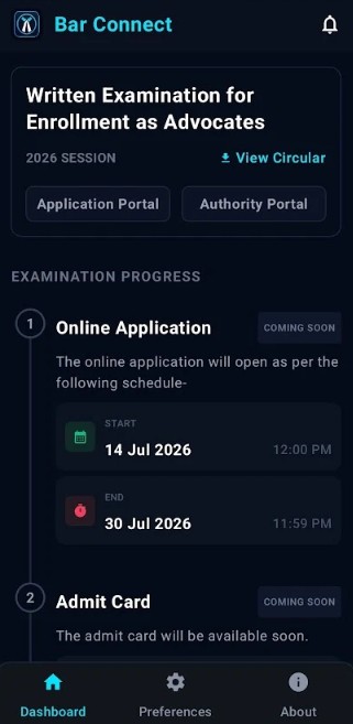 Bar Connect Android app dashboard showing Bangladesh Bar Council exam stages and notifications